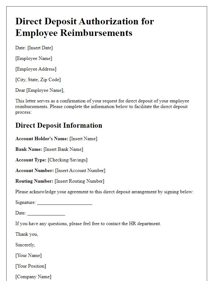 Letter template of direct deposit authorization for employee reimbursements.