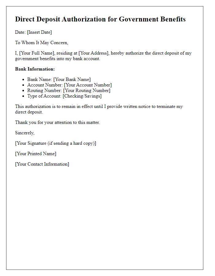 Letter template of direct deposit authorization for government benefits.