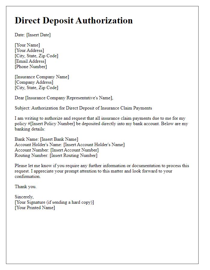 Letter template of direct deposit authorization for insurance claim payments.