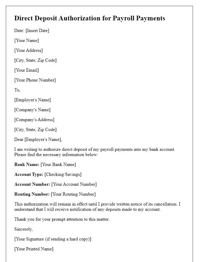 Letter template of direct deposit authorization for payroll payments.