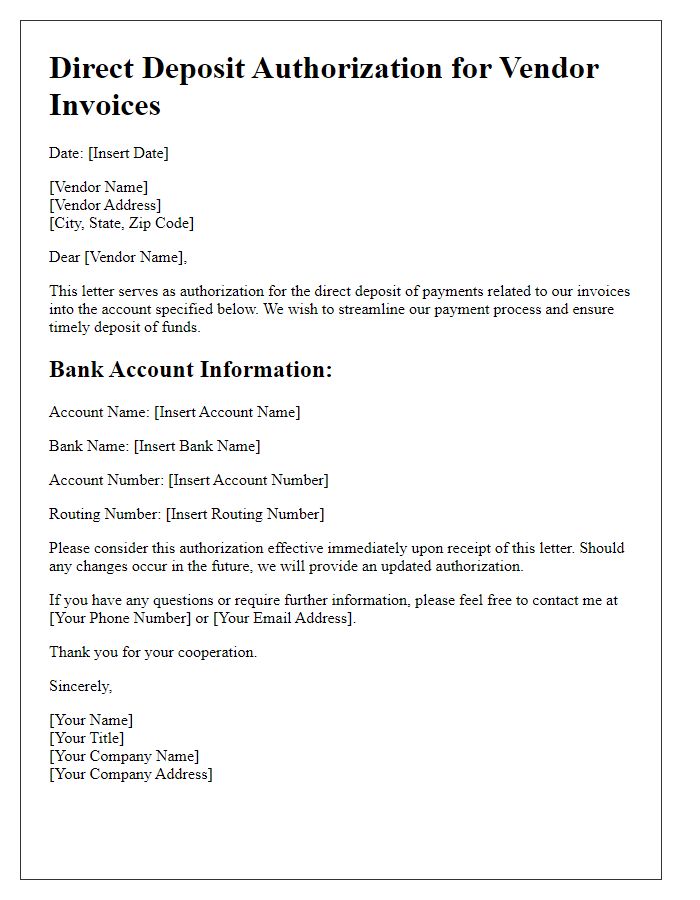 Letter template of direct deposit authorization for vendor invoices.