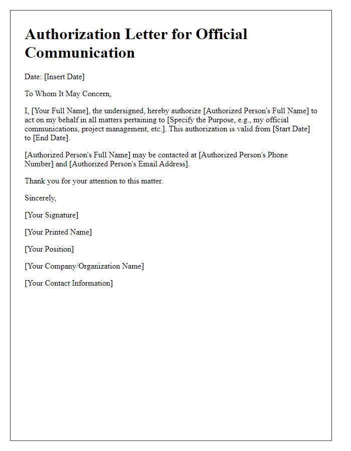 Letter template of authorization for official communication.