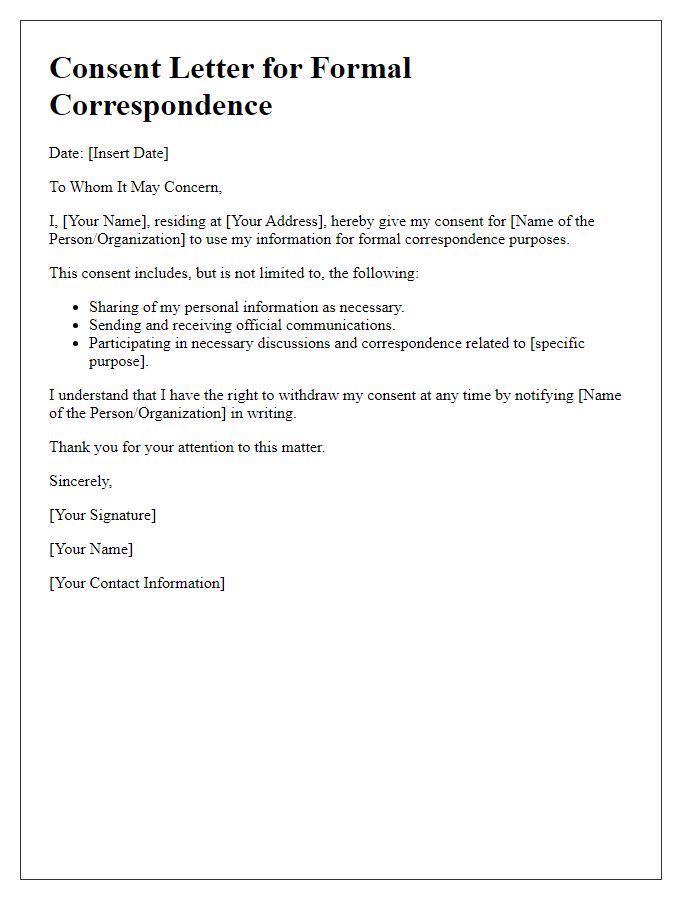 Letter template of consent for formal correspondence.