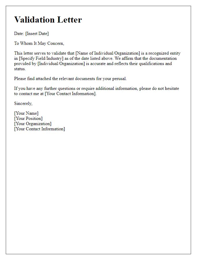 Letter template of validation for official documentation.