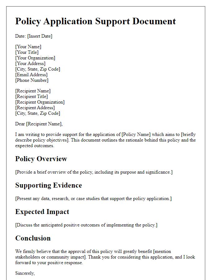 Letter template of policy application support document