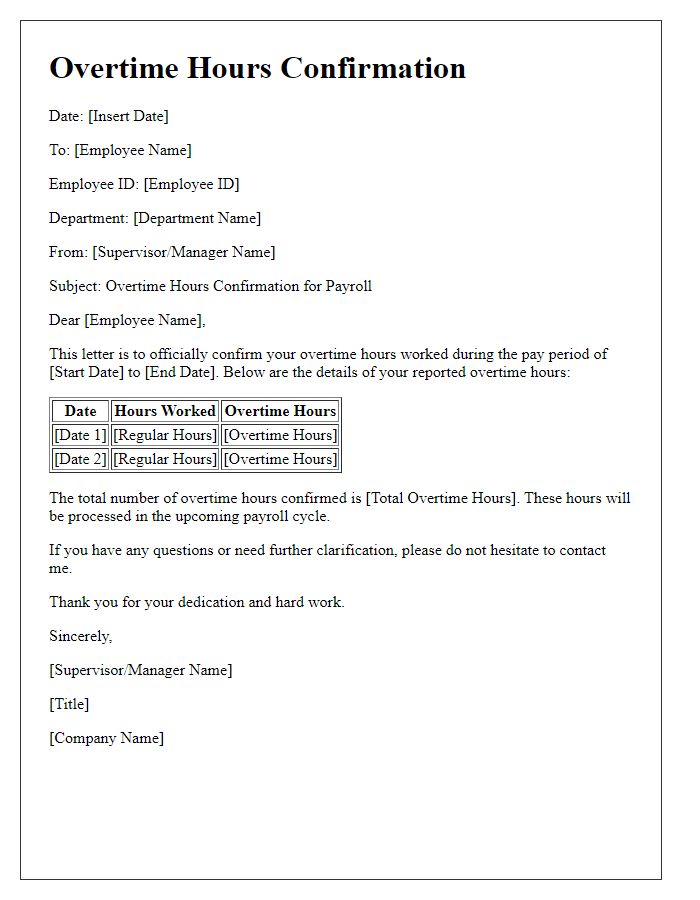 Letter template of overtime hours confirmation for payroll