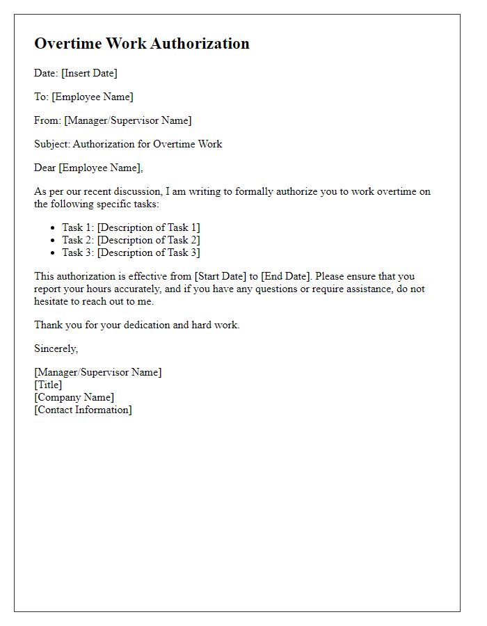 Letter template of overtime work authorization for specific tasks