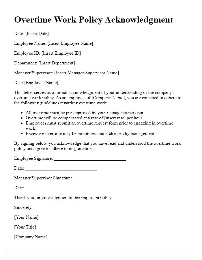 Letter template of overtime work policy acknowledgment