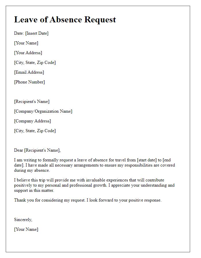 Letter template of leave of absence for travel.