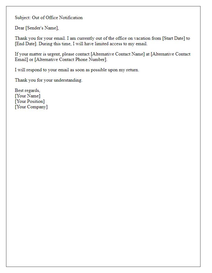 Letter template of out-of-office vacation notification.