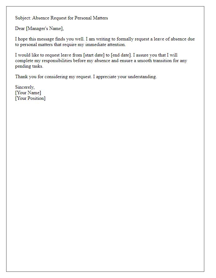 Letter template of coworker absence request for personal matters