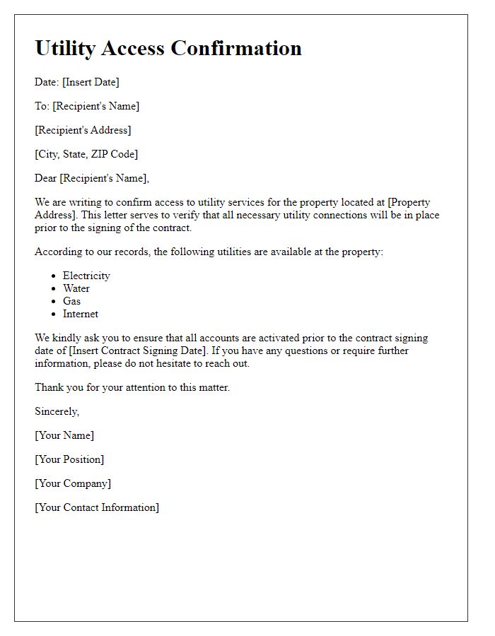 Letter template of utility access confirmation for contract signing