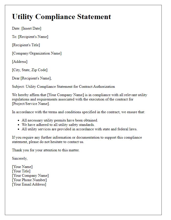 Letter template of utility compliance statement for contract authorization