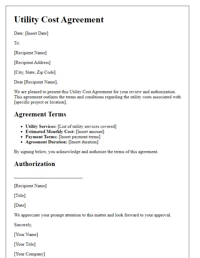 Letter template of utility cost agreement for contract authorization