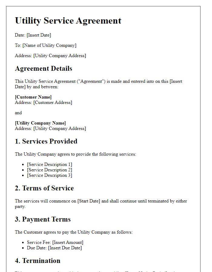 Letter template of utility service agreement for contract details