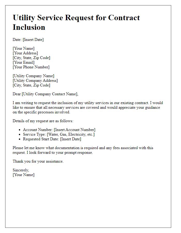 Letter template of utility service request for contract inclusion