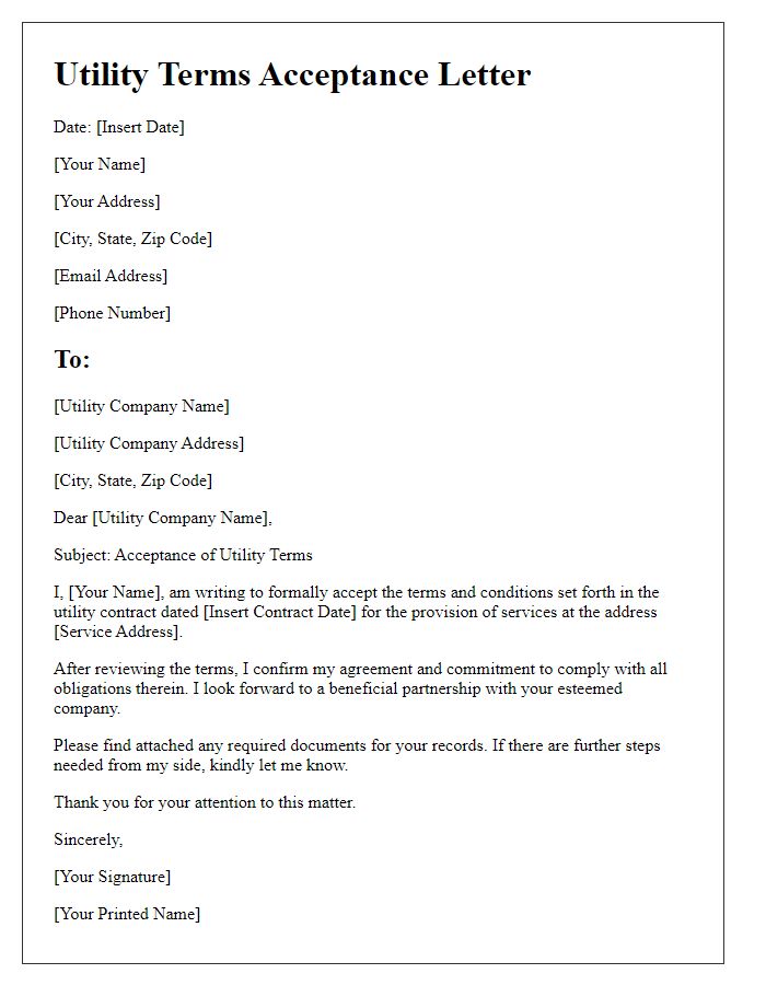 Letter template of utility terms acceptance in contract