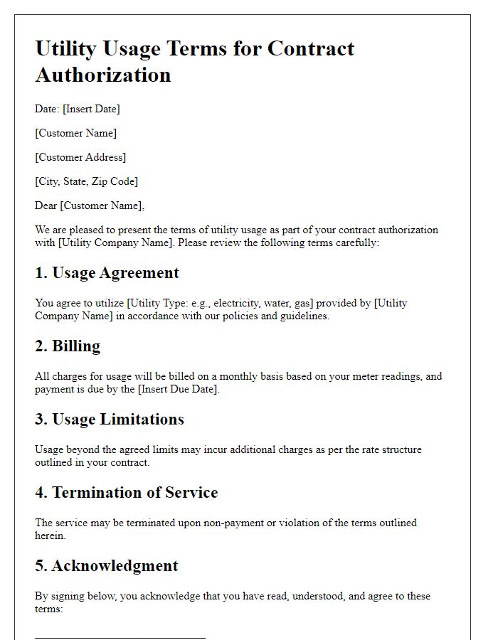 Letter template of utility usage terms for contract authorization