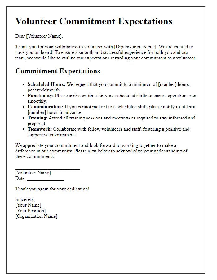 Letter template of volunteer commitment expectations