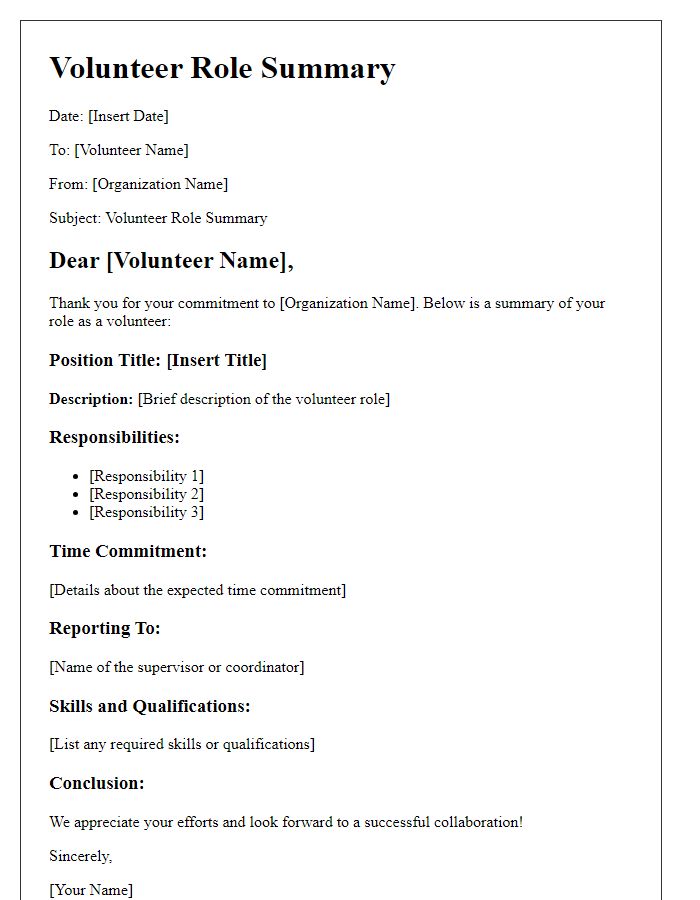 Letter template of volunteer role summary