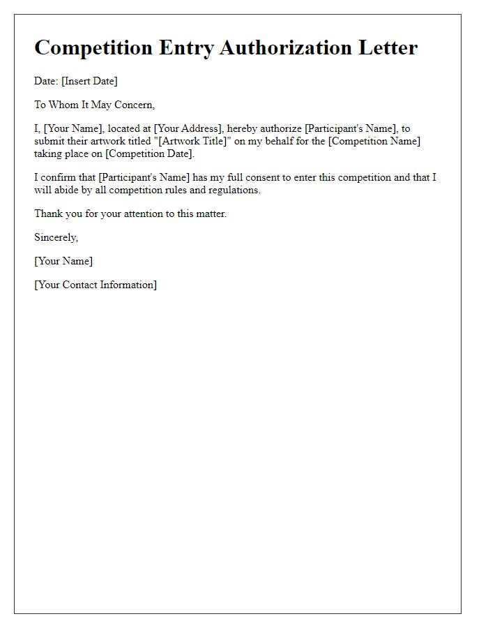 Letter template of Competition Entry Authorization for Art Competitions