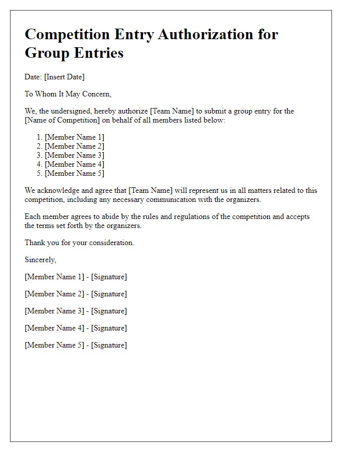 Letter template of Competition Entry Authorization for Group Entries