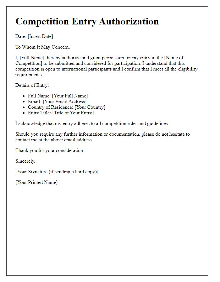 Letter template of Competition Entry Authorization for International Participants