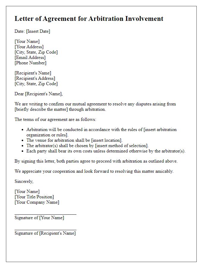 Letter template of agreement for arbitration involvement