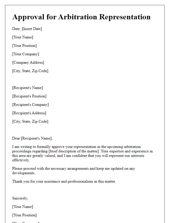 Letter template of approval for arbitration representation