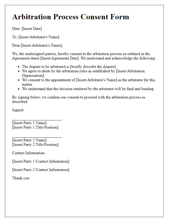 Letter template of arbitration process consent form