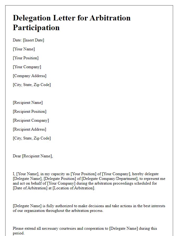 Letter template of delegation for arbitration participation