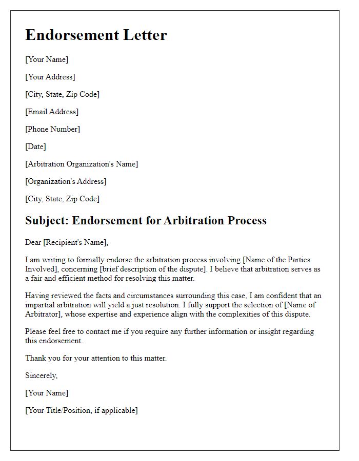 Letter template of endorsement for arbitration process