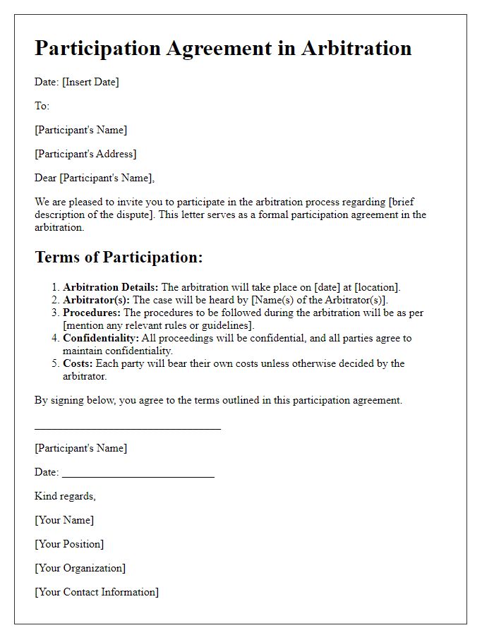 Letter template of participation agreement in arbitration