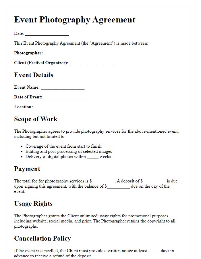 Letter template of event photography agreement for community festivals