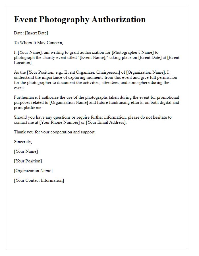 Letter template of event photography authorization for charity events