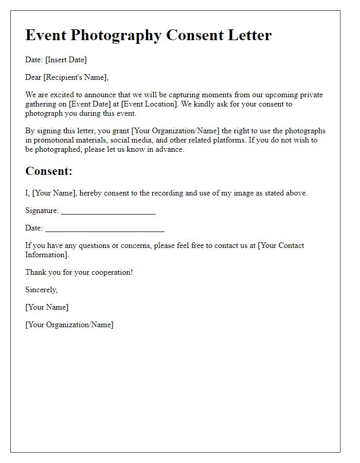 Letter template of event photography consent for private gatherings