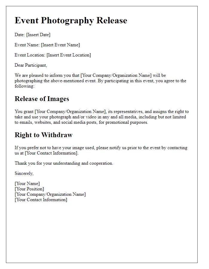 Letter template of event photography release for public events