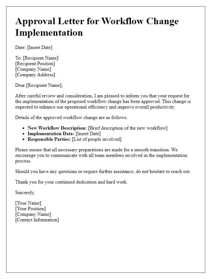 Letter template of Approval Letter for Workflow Change Implementation