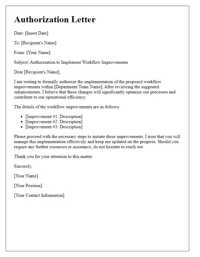 Letter template of Authorization to Implement Workflow Improvements