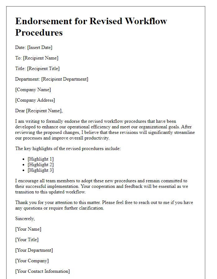 Letter template of Endorsement for Revised Workflow Procedures