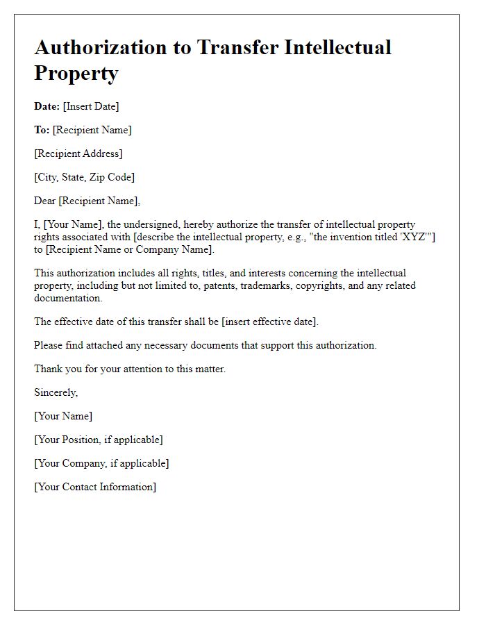 Letter template of Authorization to Transfer Intellectual Property