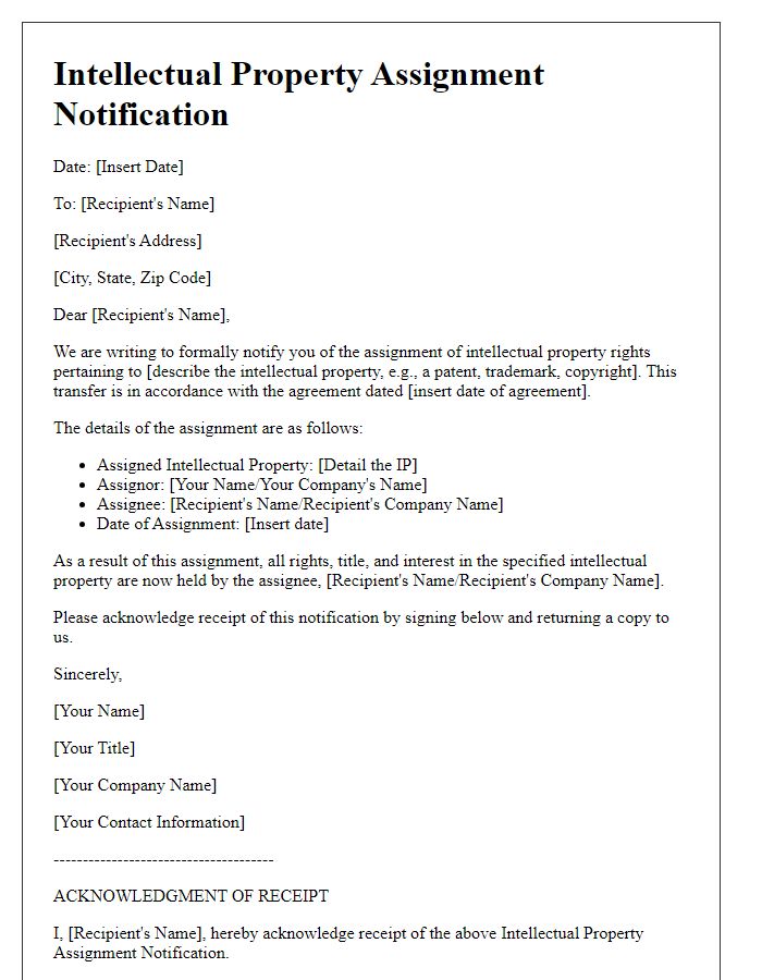 Letter template of Intellectual Property Assignment Notification