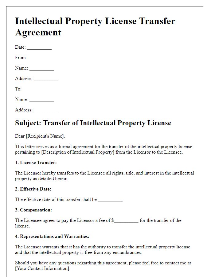 Letter template of Intellectual Property License Transfer