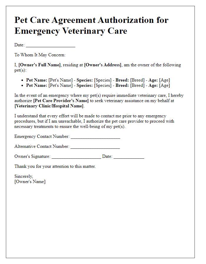 Letter template of pet care agreement authorization for emergency veterinary care.