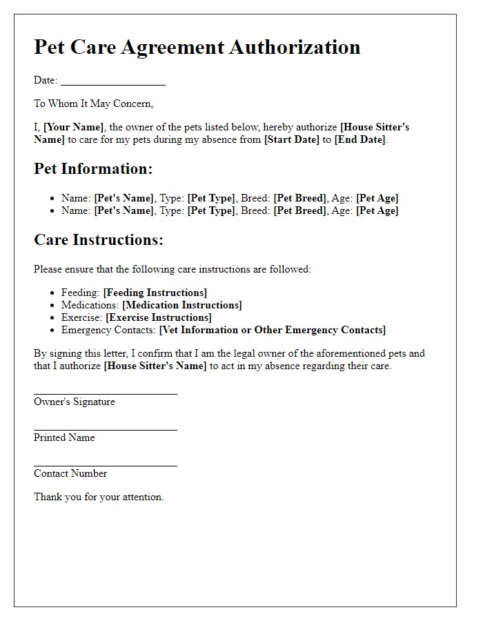 Letter template of pet care agreement authorization for house sitting with pets.