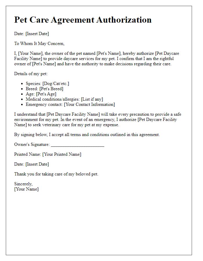 Letter template of pet care agreement authorization for pet daycare services.