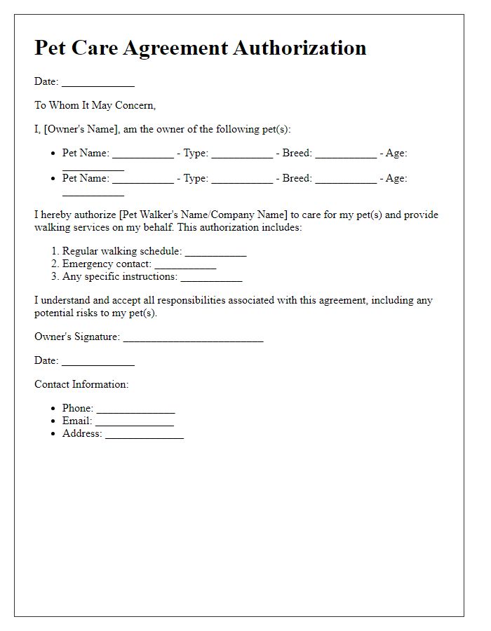 Letter template of pet care agreement authorization for pet walking services.