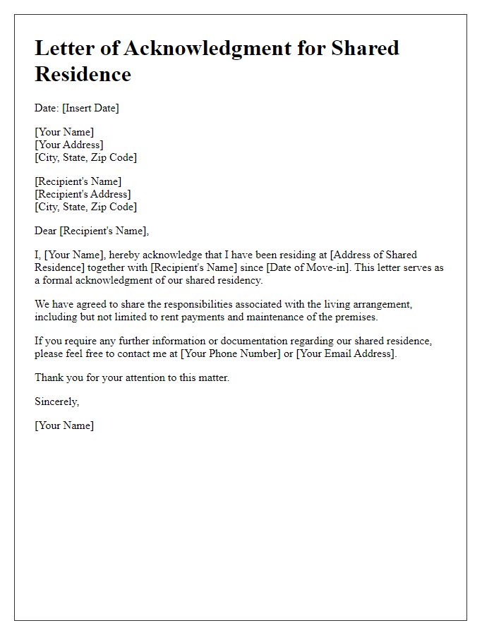 Letter template of acknowledgment for shared residence