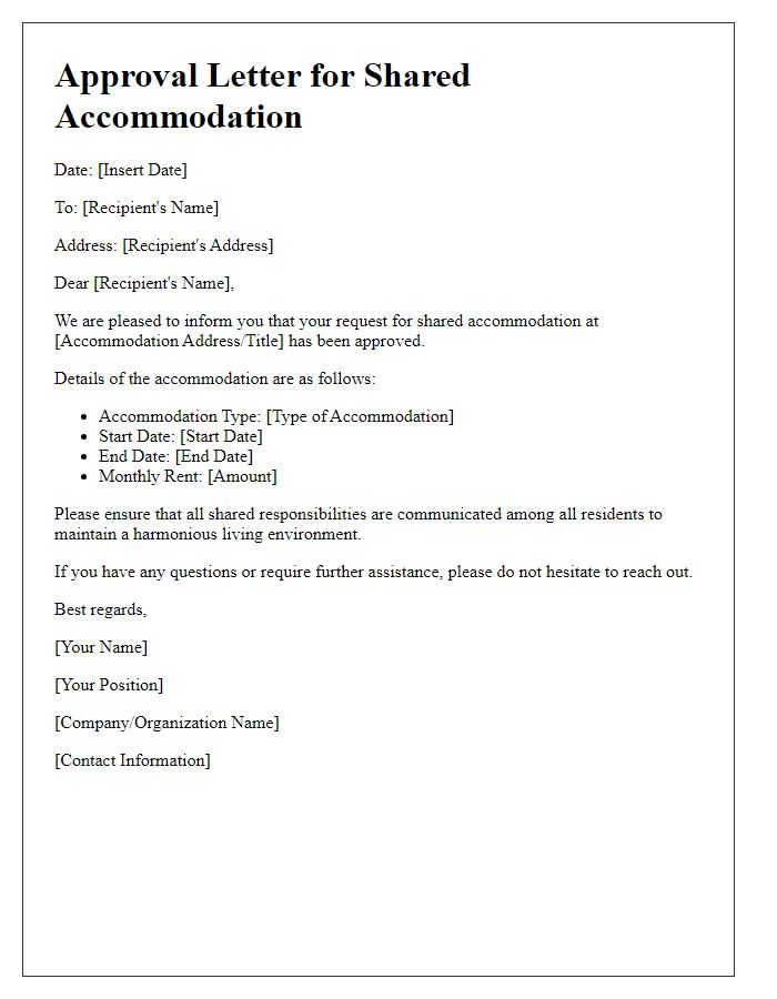 Letter template of approval for shared accommodation use