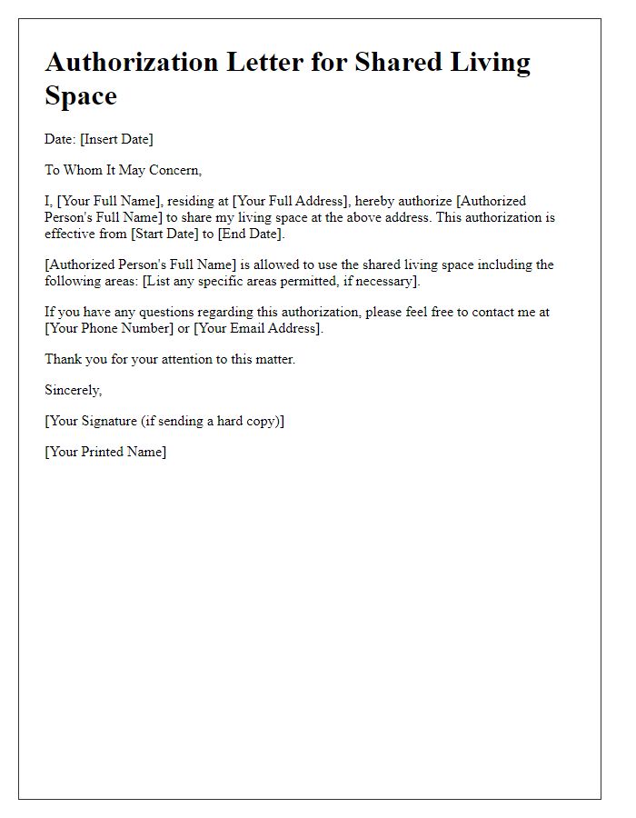 Letter template of authorization for shared living space